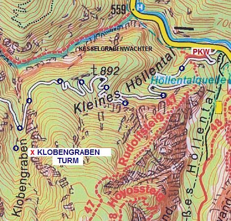 Kompass-Karte mit eingezeichentem Aufstieg zum Klobengrabenturm